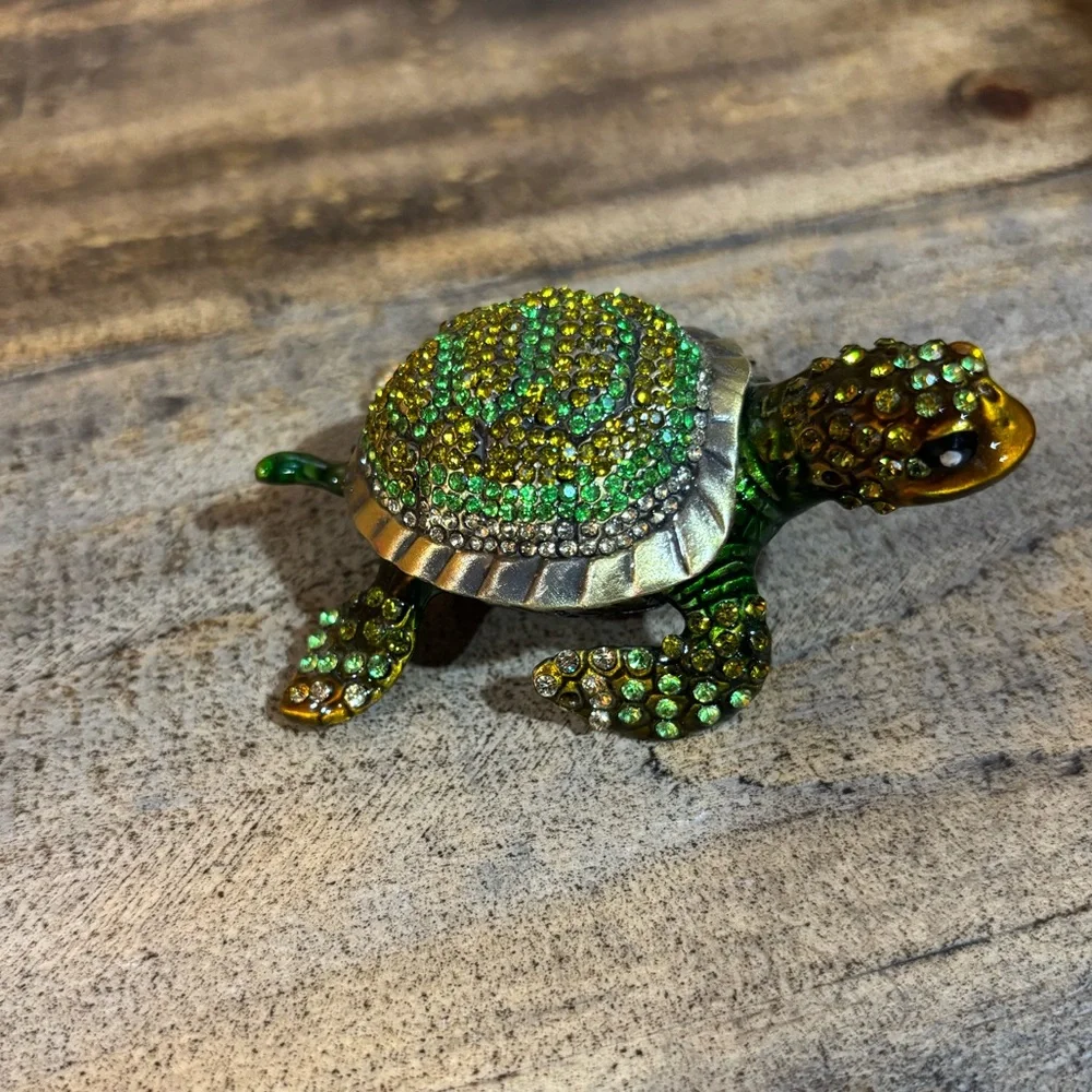 Green and Gold Rhinestone Turtle Jewelry Keeper
